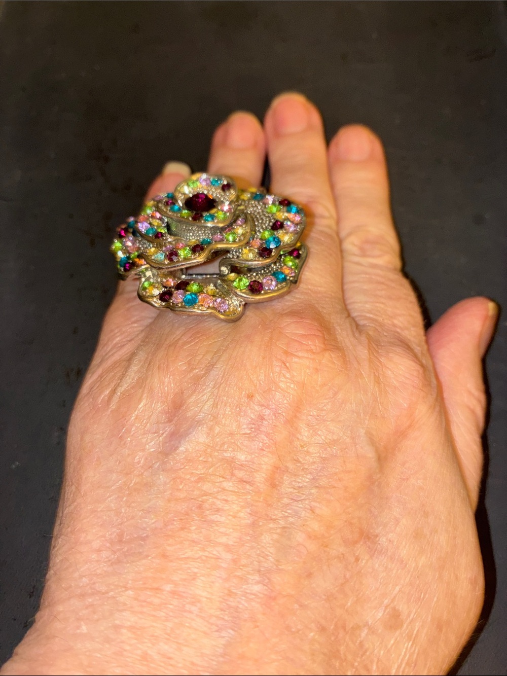 Multicolor Crystal Flower Statement Stretch Ring. - Picture 3 of 13